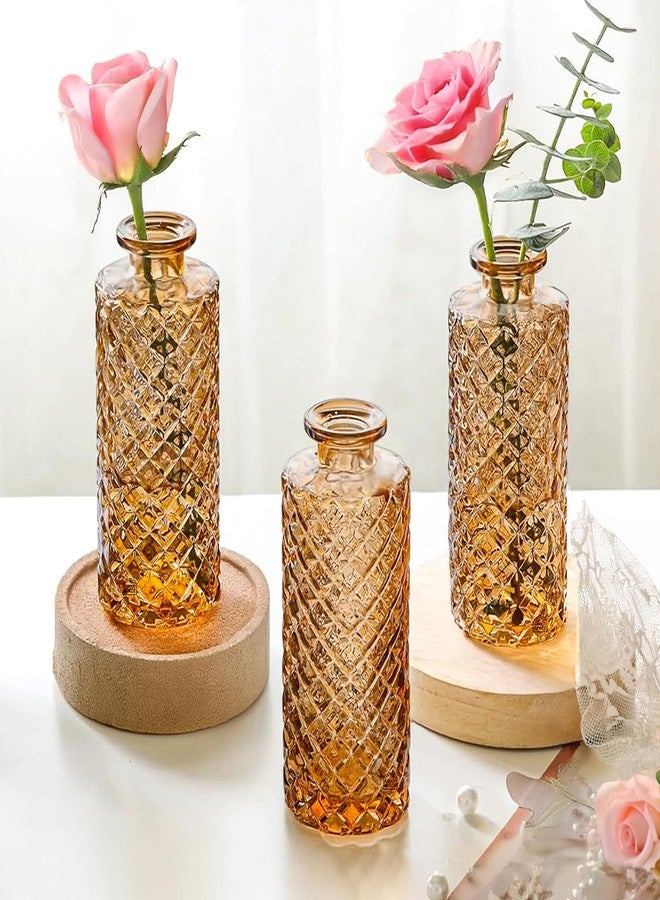 ABOUT SPACE Glass Bud Flower Vase - Pack of 3 Glass Centrepiece Mini Flower Vase -Antique Collections for Wedding Decoration Sturdy Textured Bottle Shaped Table Top Decor for Home, Restaurants - Brown - Image 1
